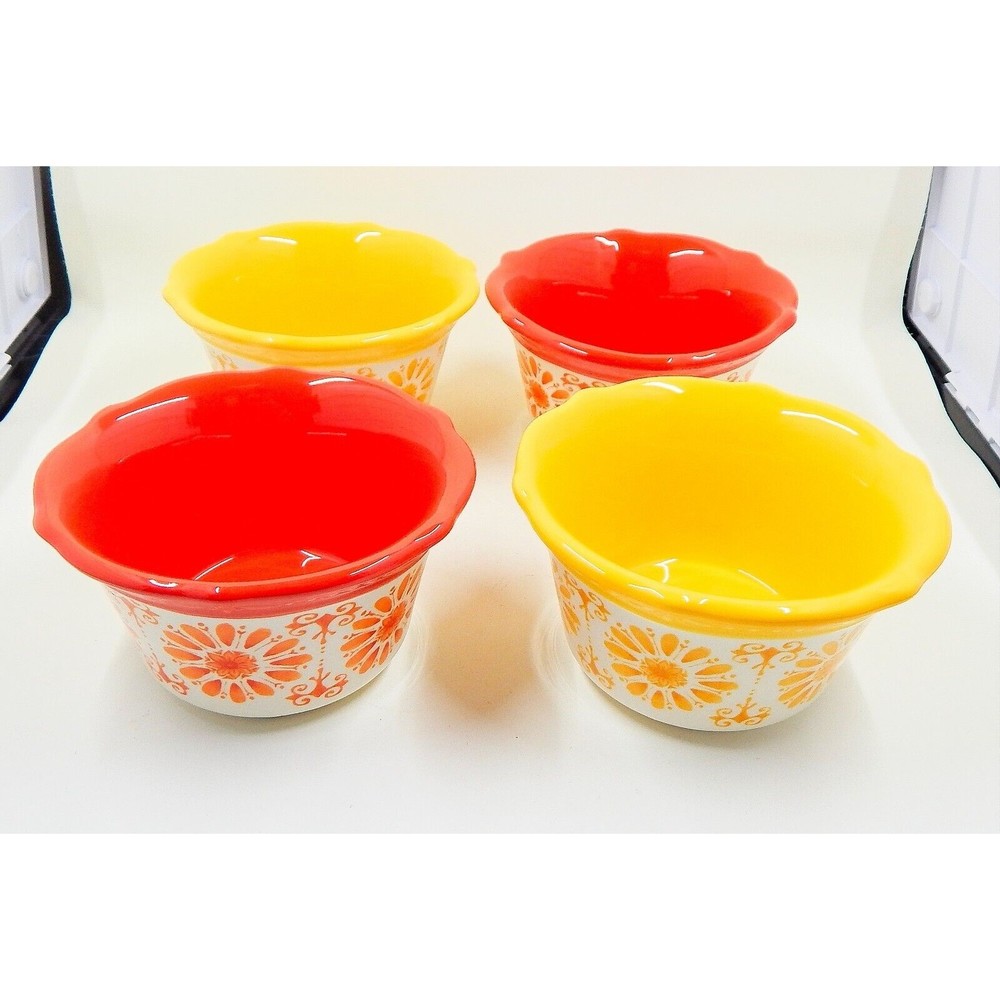 Pioneer Woman Floral Bursts Daisy Ramekins Yellow Orange Set of 4